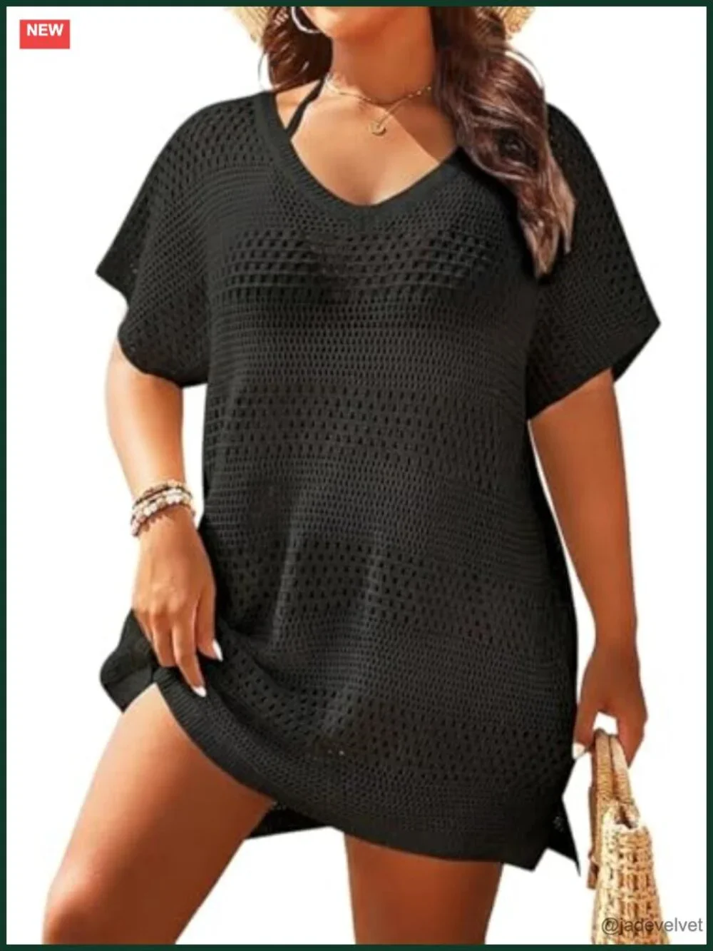 Plus Size Crochet Swim Cover Up V-Neck Short Sleeve Beach Dress